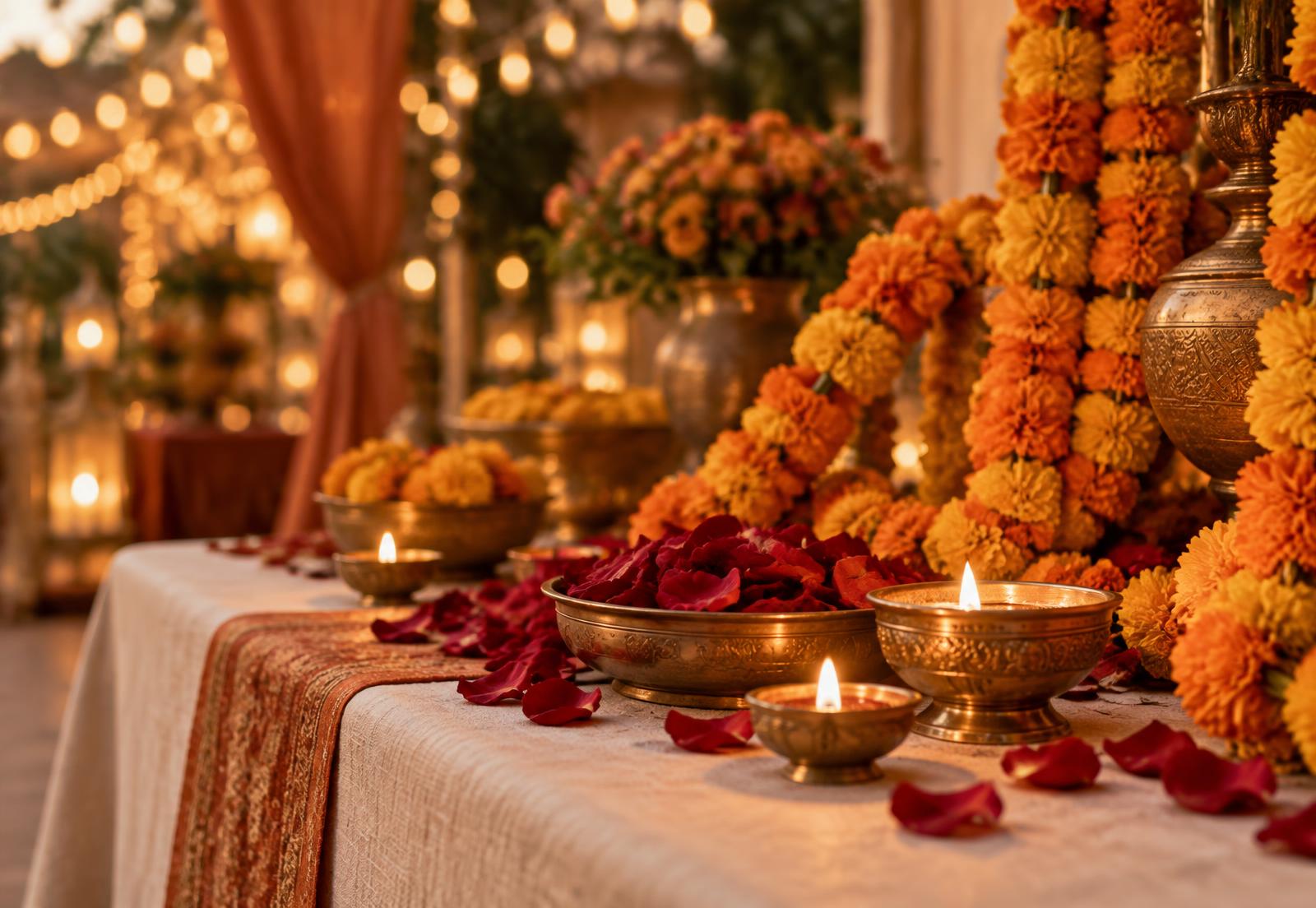 Marigold garlands, rose petals and lit brass diyas on an ivory table